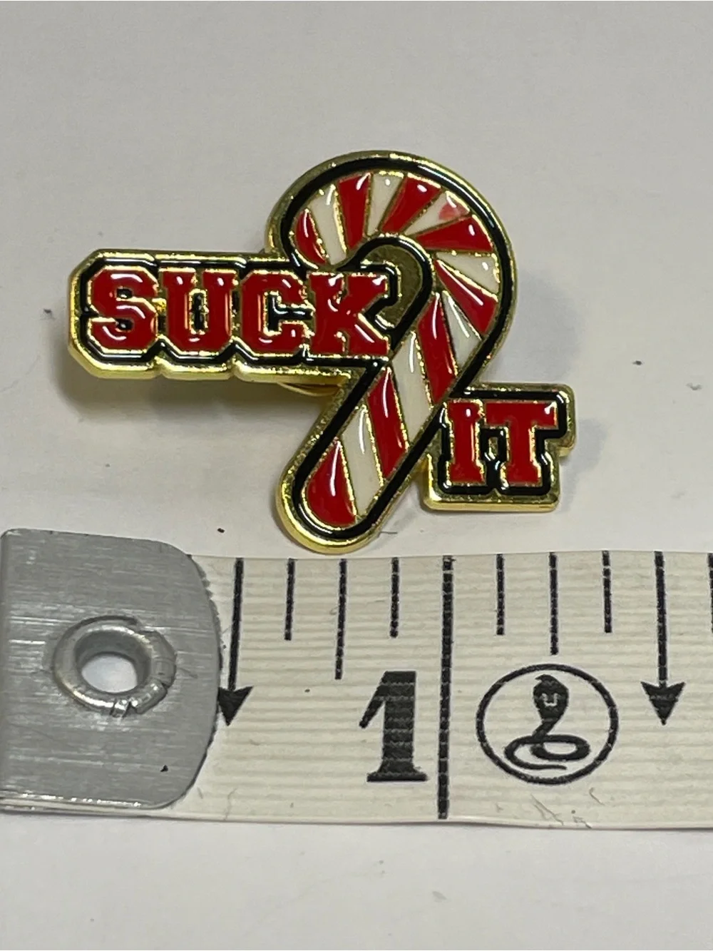 Funny Enamel Pin, Christmas Candy Cane,”Suck it”, Spencer’s Workshop, Snarky VTG